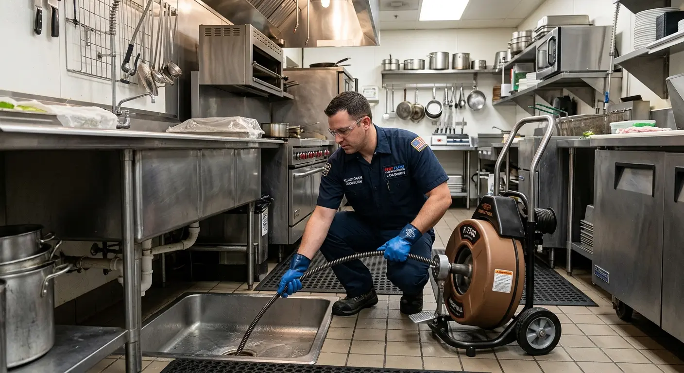 Commercial drain cleaning service in a restaurant kitchen in North Vernon