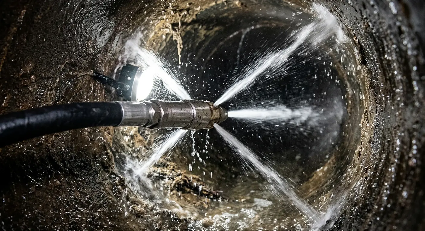 High-pressure hydro jetting nozzle cleaning sewer pipe for Trenchless Sewer Repair in North Vernon