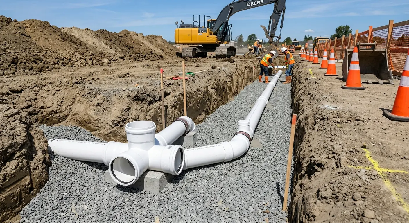New PVC sewer pipe installation in open trench for Commercial Drain Cleaning in North Vernon