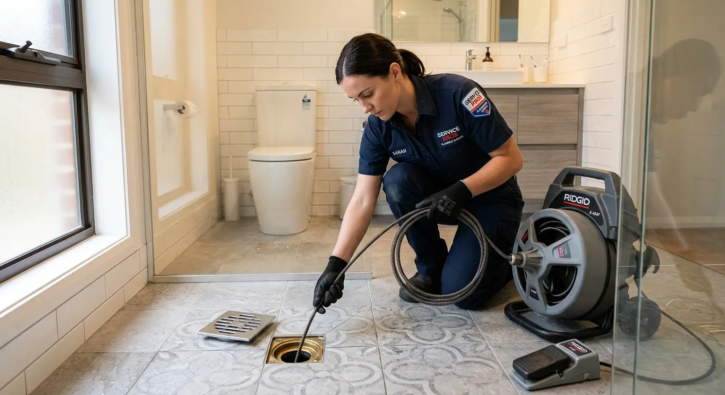 Technician clearing a bathroom floor drain for Drain Cleaning in North Vernon